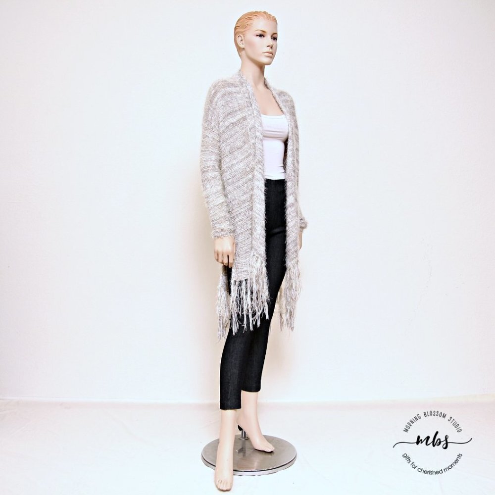Lazy Sweater Fuzzy Fringe Open Cardigan Gray Whit… - image 1